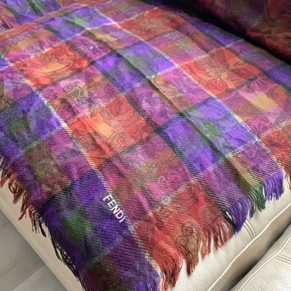 Authentic FENDI scarf wrap blanket fringe‎ plaid logo oversized luxury purple